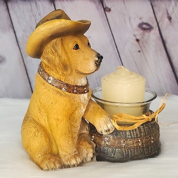 Western Cowboy Hat Yellow Labrador Retriever Dog Puppy Resin Candle Holder 6"x6" - Picture 9 of 16